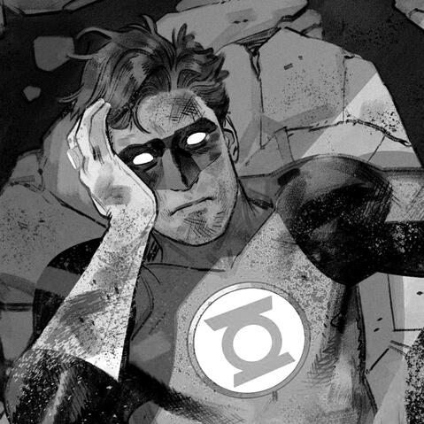 a black and white illustration of hal jordan from dc comics looking head on.