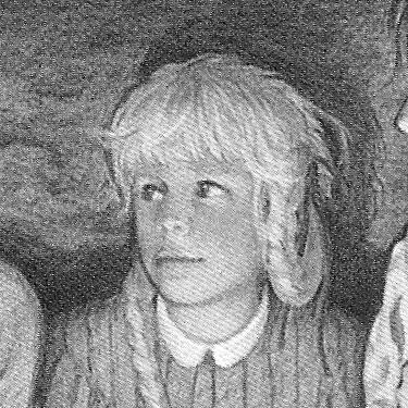 a black and white illustration of kirsten larson from american girl looking left.